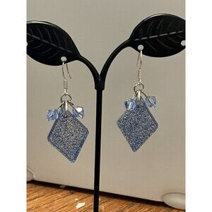 Blue Diamond Shaped Earrings Glitter Silver tone hook dangle Beads